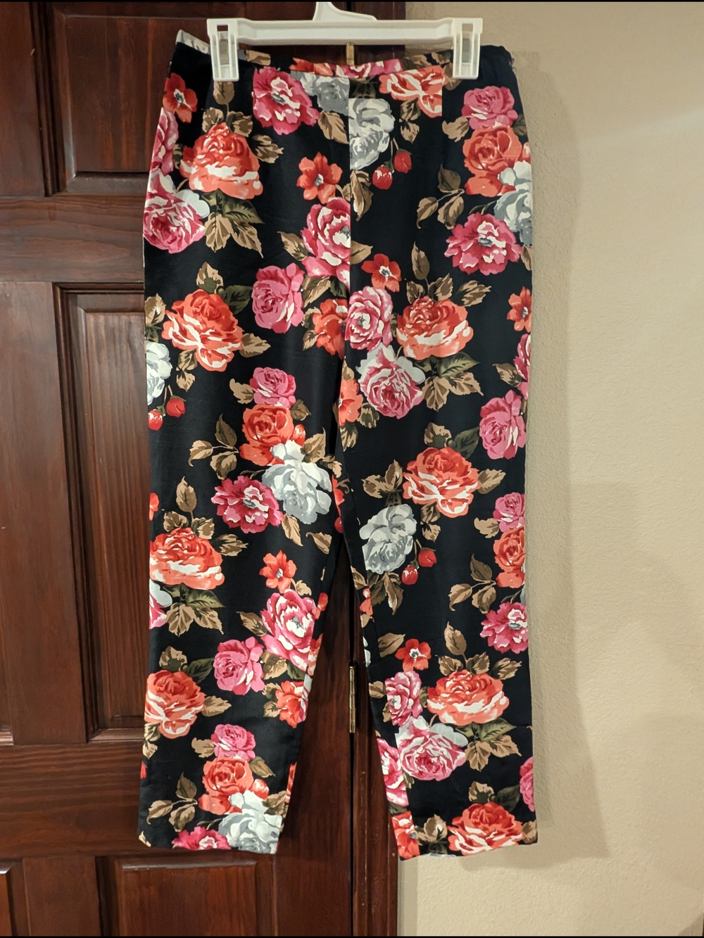 Floral Print Maggie London Petite Pants - Black with Pink & Red Roses 100% Silk
